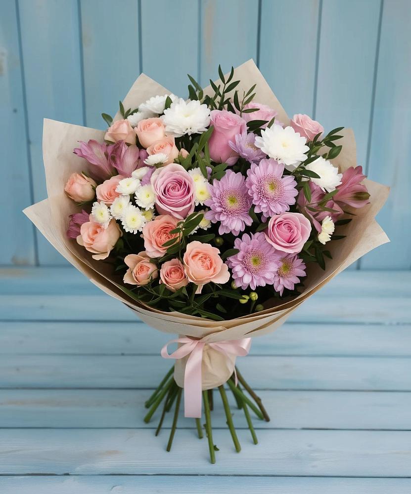 Букет цветов из: Хризантемы, Розы и Альстромерии в поселок Сургут