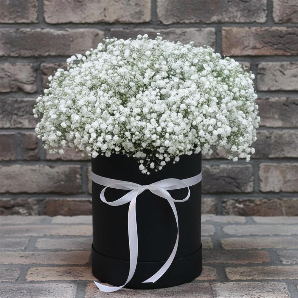 Цветочная композиция из Гипсофила в шляпной коробке в поселок Сургут