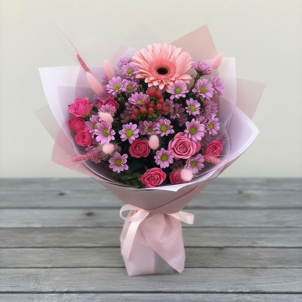 Букет цветов из: Розы, Герберы и Хризантемы в поселок Сургут
