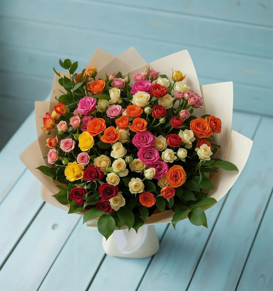 Букет Микс из разноцветных кустовых роз в поселок Сургут